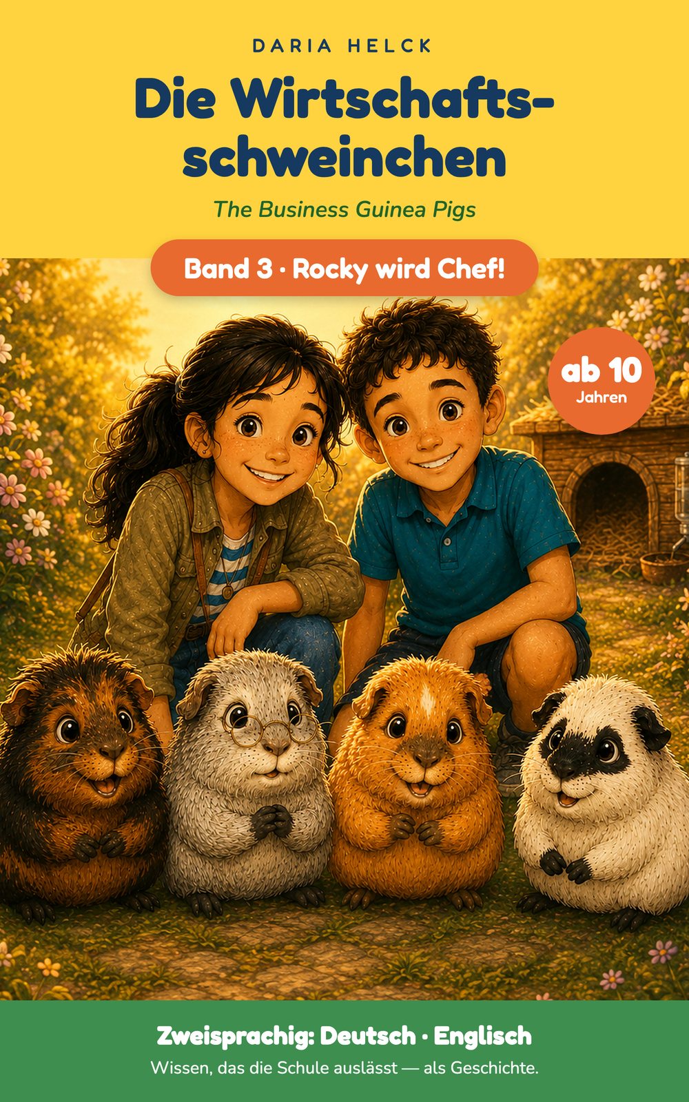 Cover: Die Wirtschaftsschweinchen Band 3, Rocky wird Chef! Kinderbuch über Firmengründung, Umsatz und Gewinn ab 10 Jahren