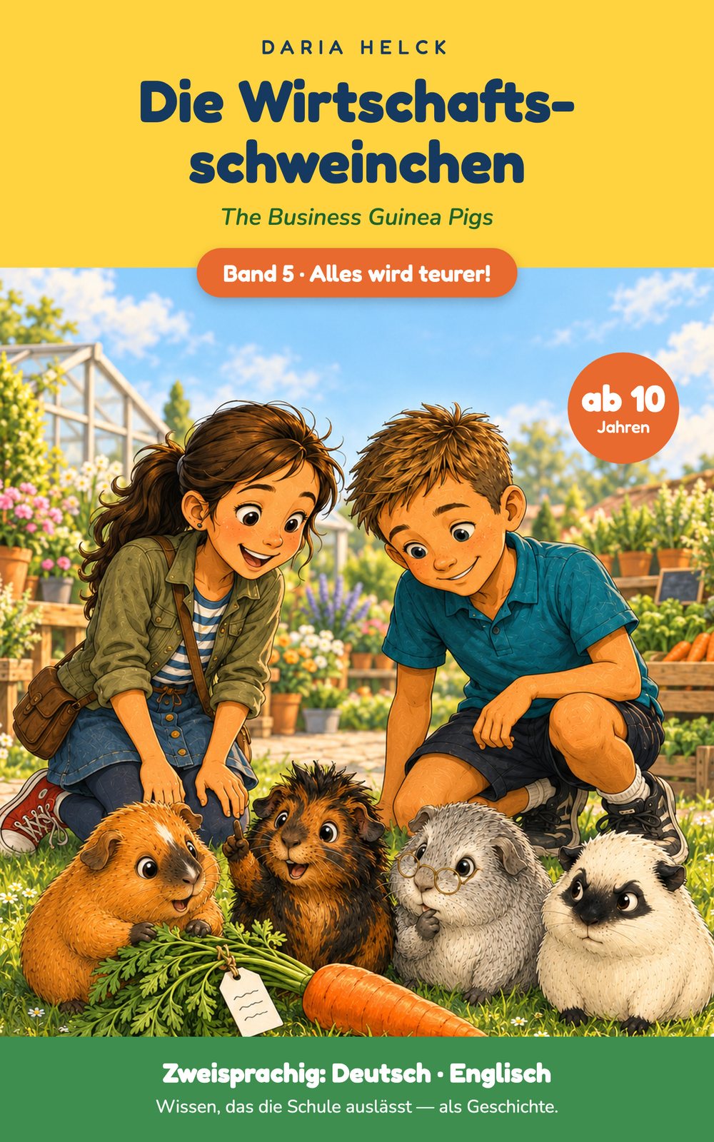 Cover: Die Wirtschaftsschweinchen Band 5, Alles wird teurer! Kinderbuch über Inflation, Kaufkraft und Preise ab 10 Jahren