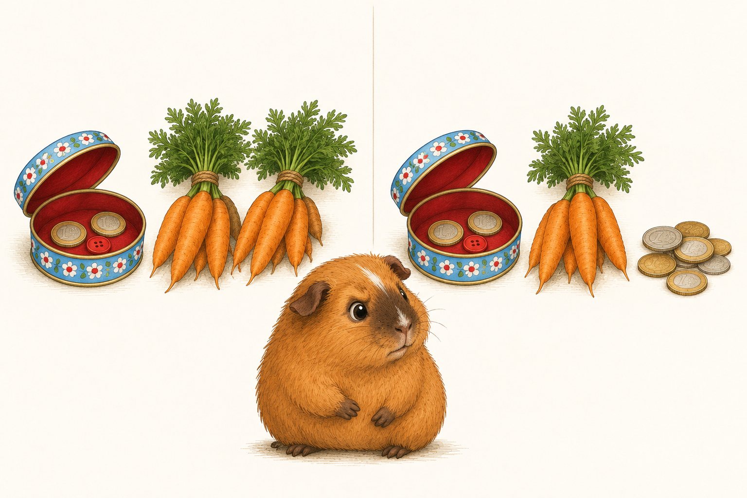 Illustration from Volume 5: two euros buy two bunches of carrots at first, then only one