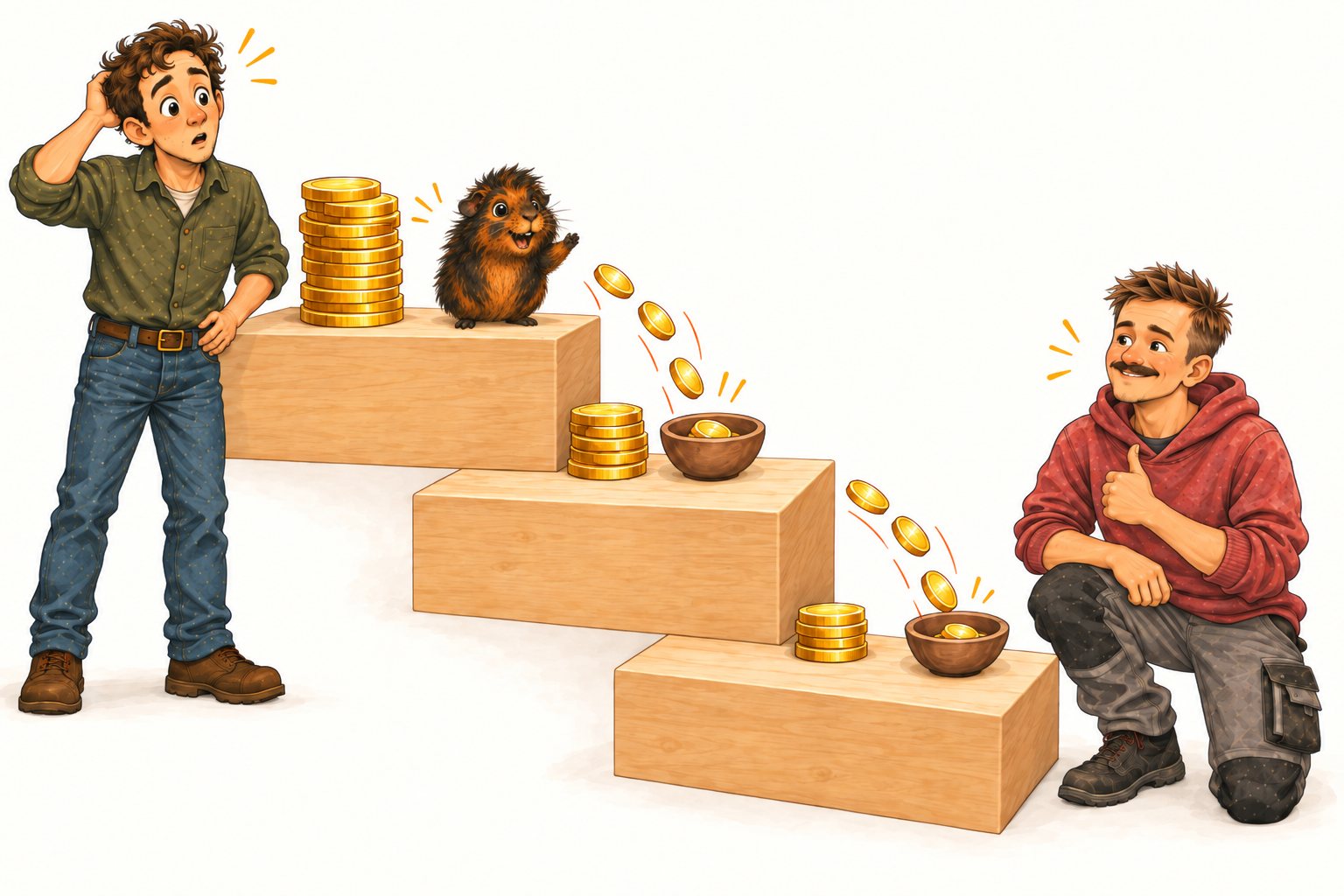 Erklärbild aus Band 4: die Treppe mit Lohnkosten, Brutto und Netto