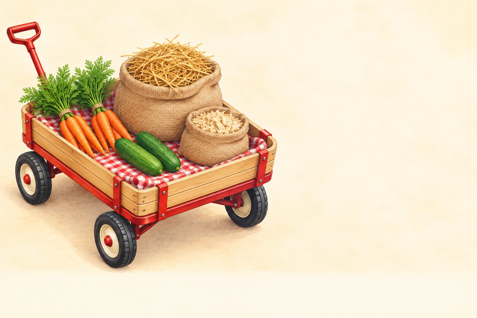 Explainer picture from Volume 5: the shopping basket with carrots, cucumbers, hay and bedding