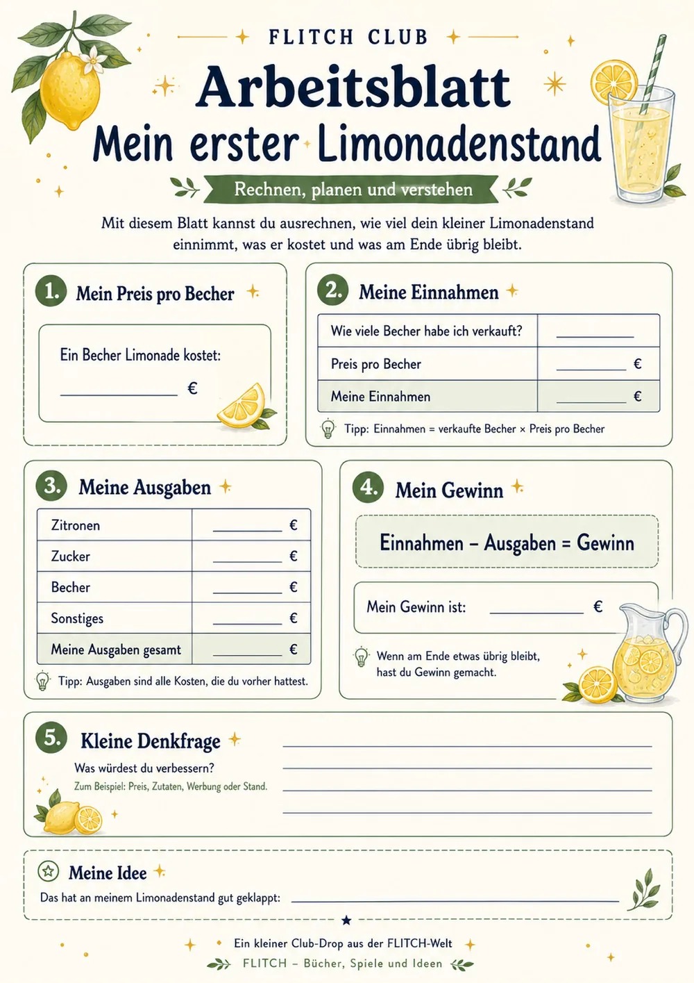 Mein erster Limonadenstand, die Seite aus dem PDF