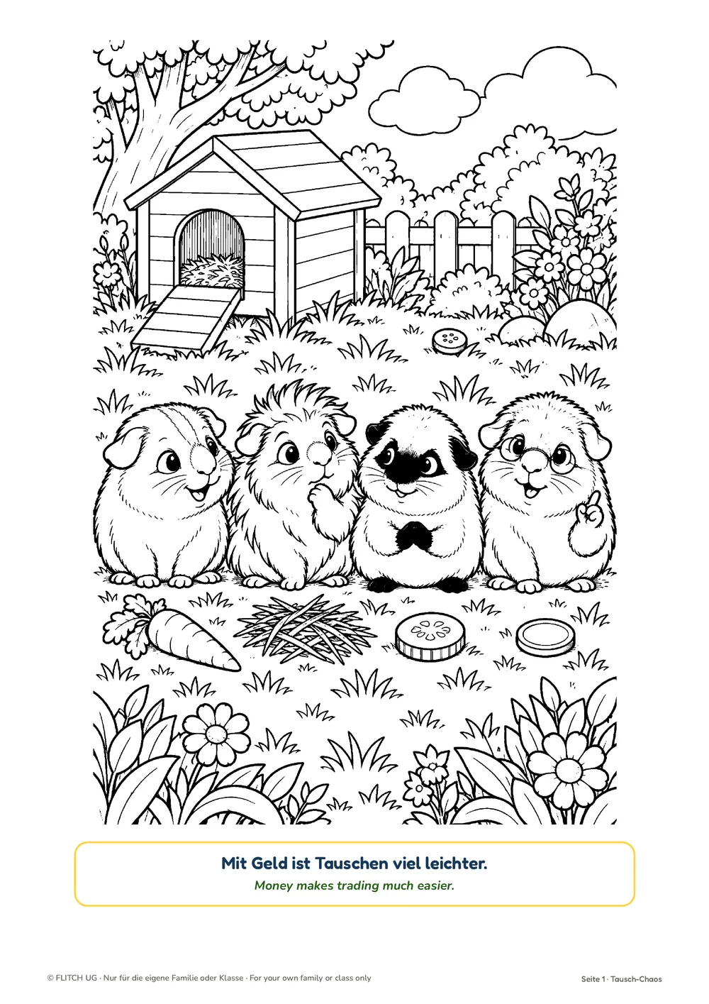 Guinea pig coloring book all about money, a page from the PDF
